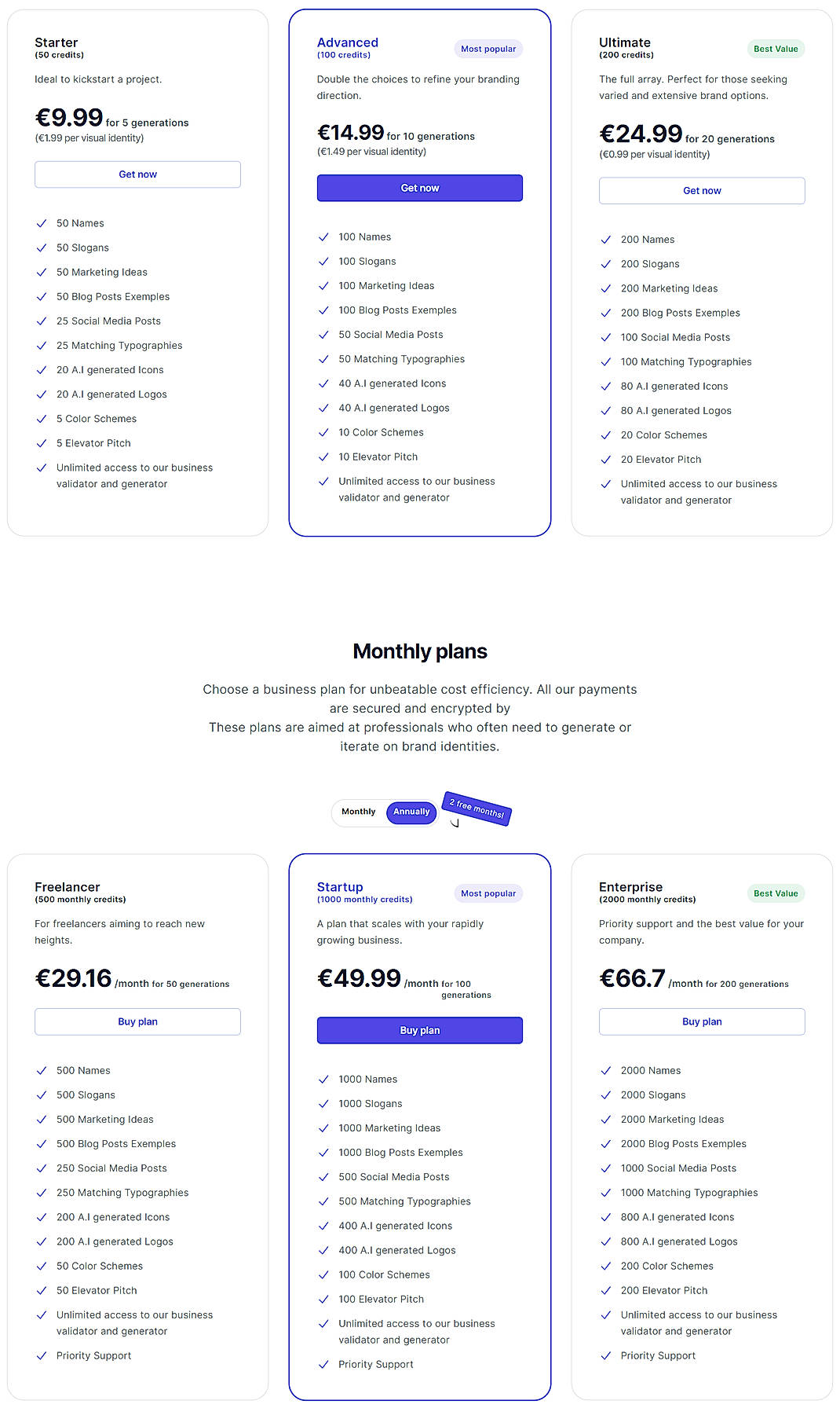 Pricing screenshot