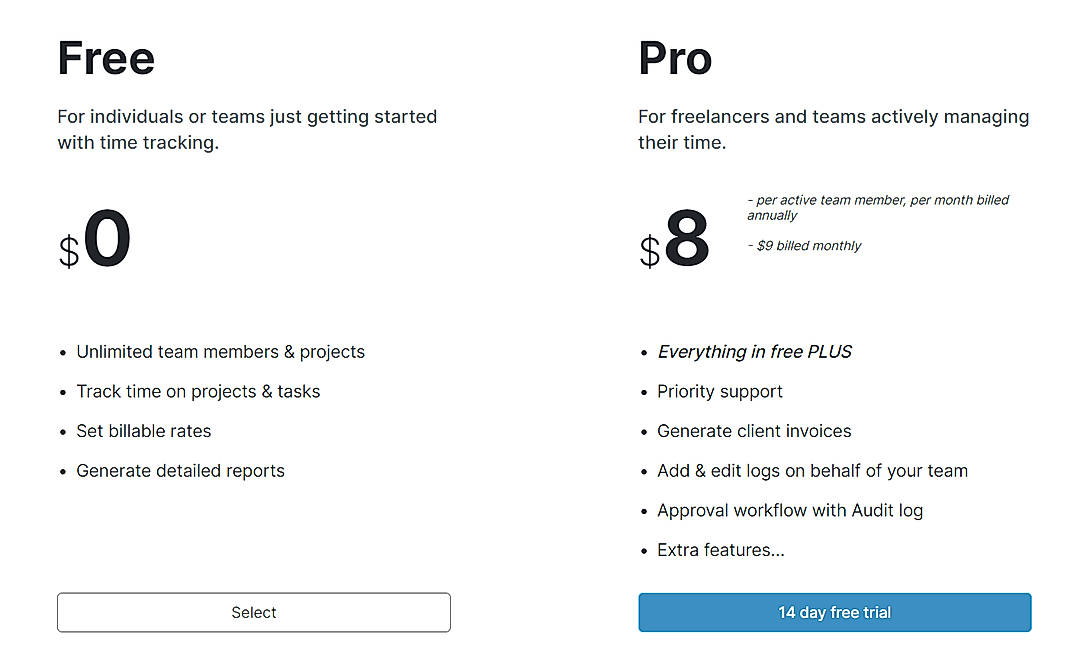 Pricing screenshot