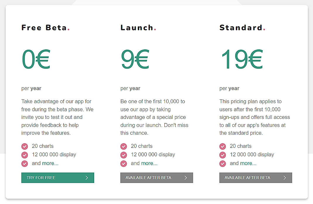 Pricing screenshot
