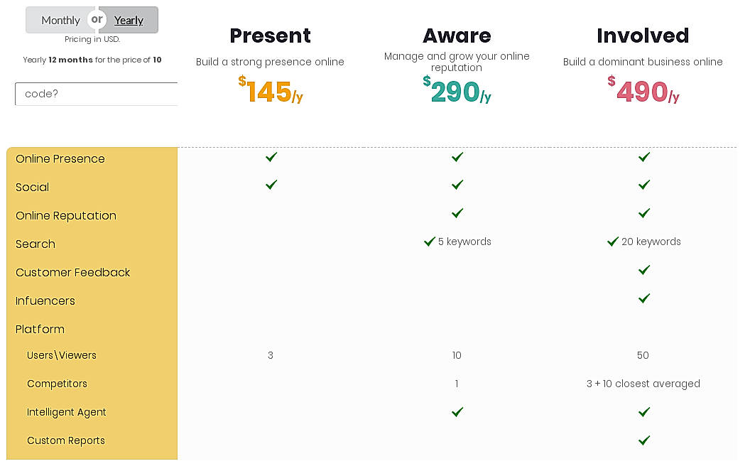 Pricing screenshot