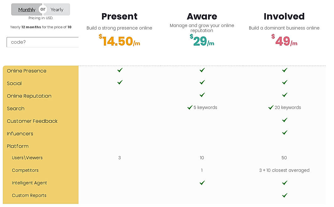Pricing screenshot