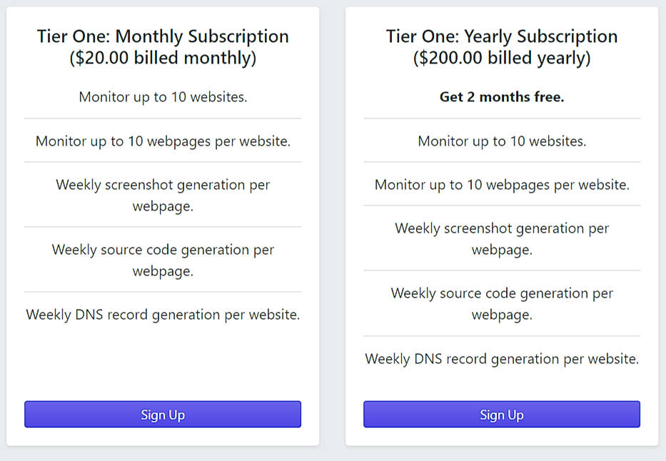Pricing screenshot