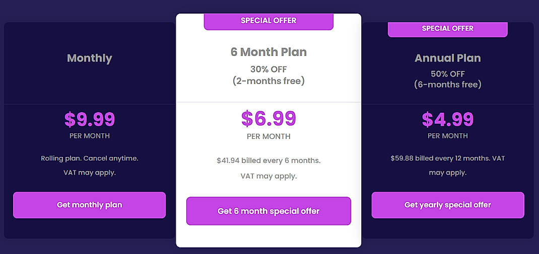 Pricing screenshot