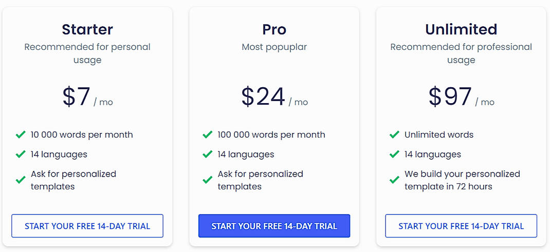 Pricing screenshot