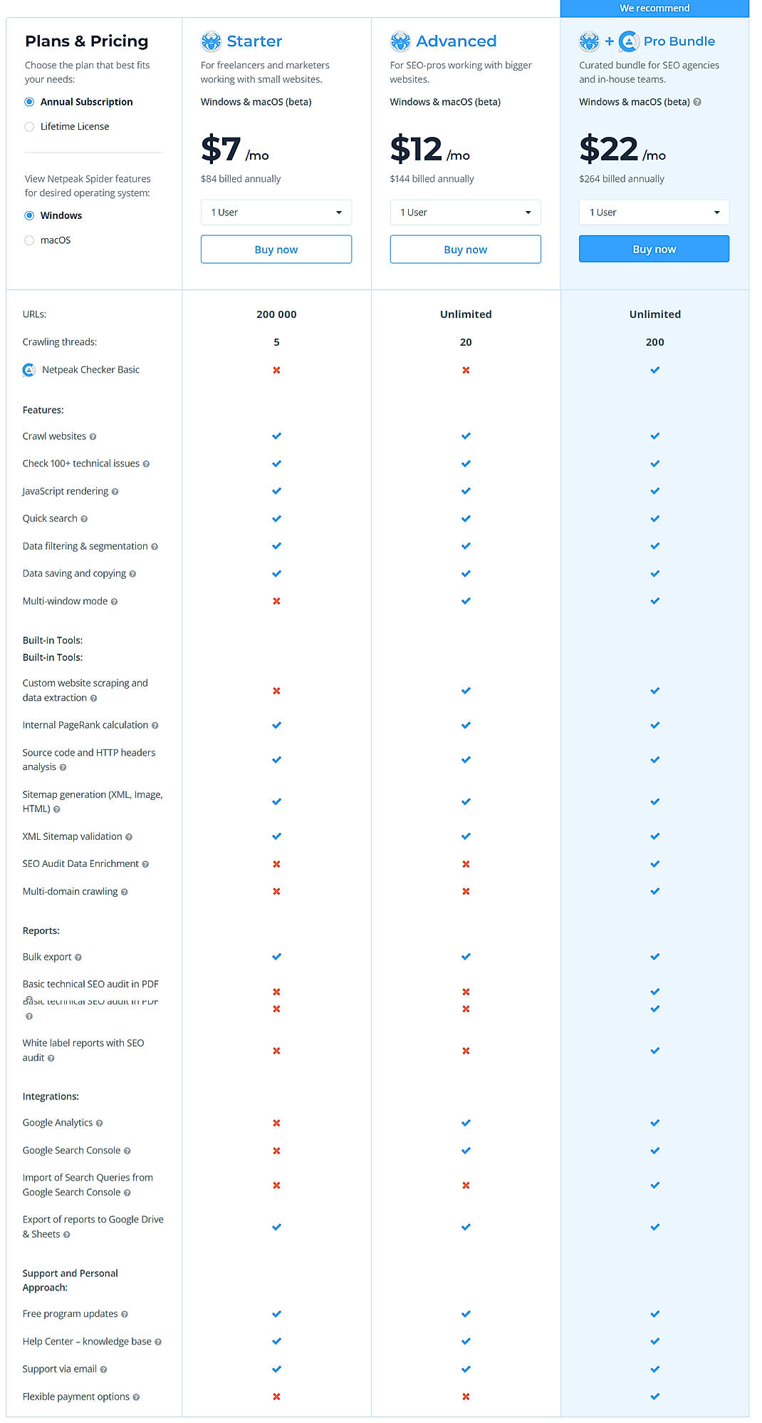Pricing screenshot