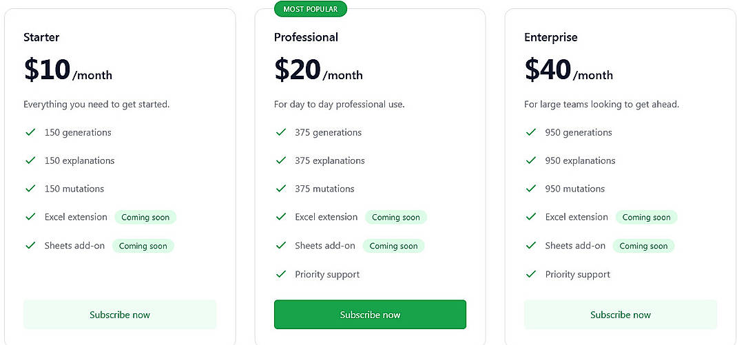 Pricing screenshot