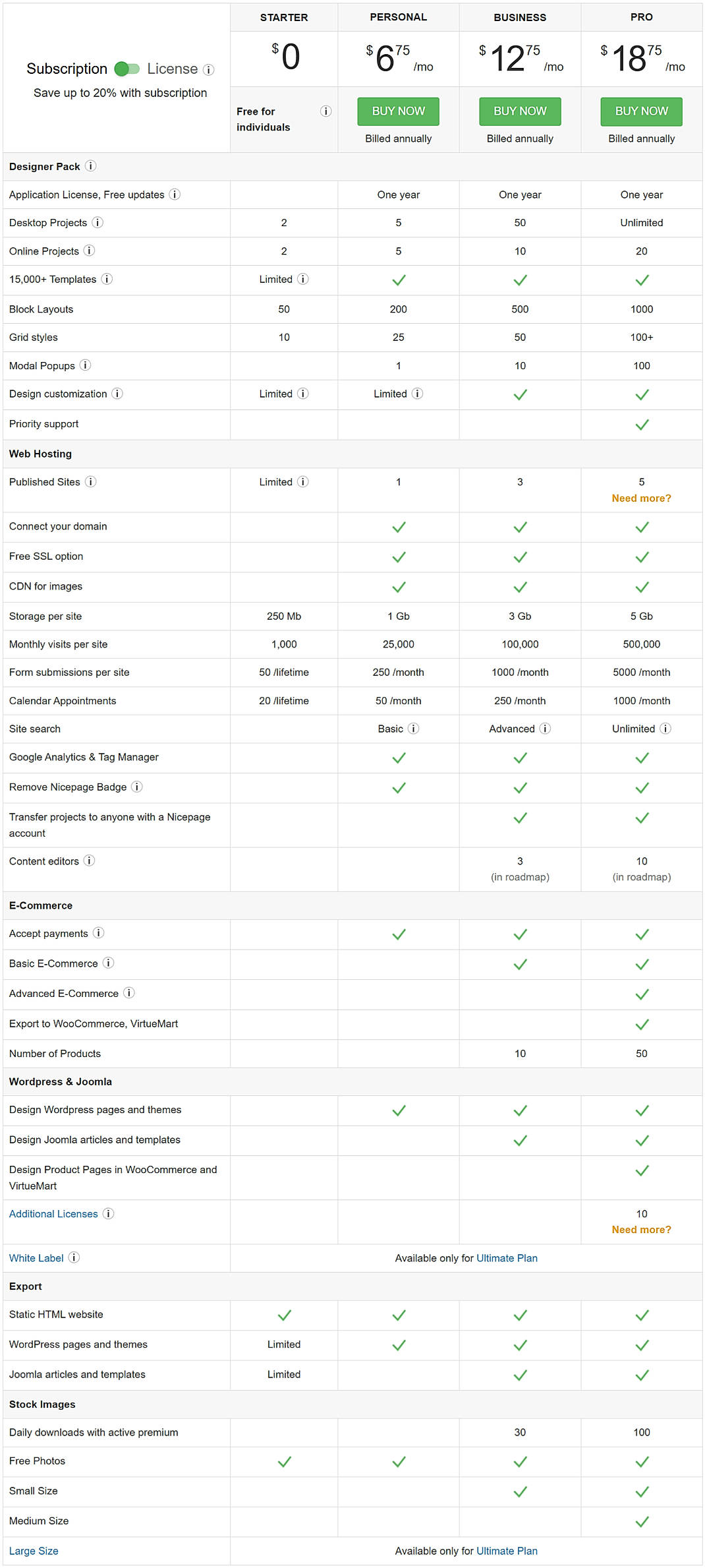 Pricing screenshot