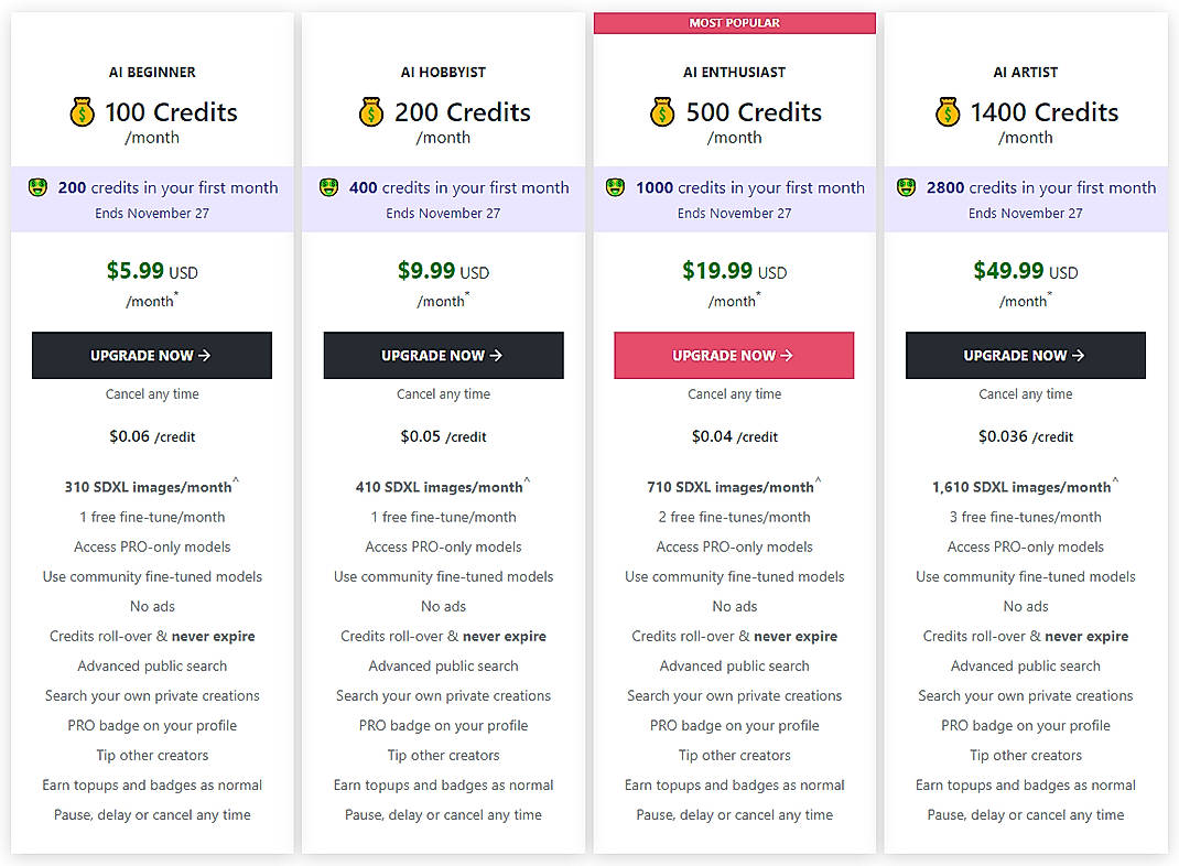 Pricing screenshot