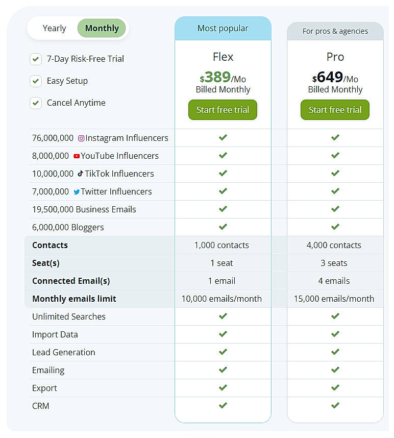 Pricing screenshot