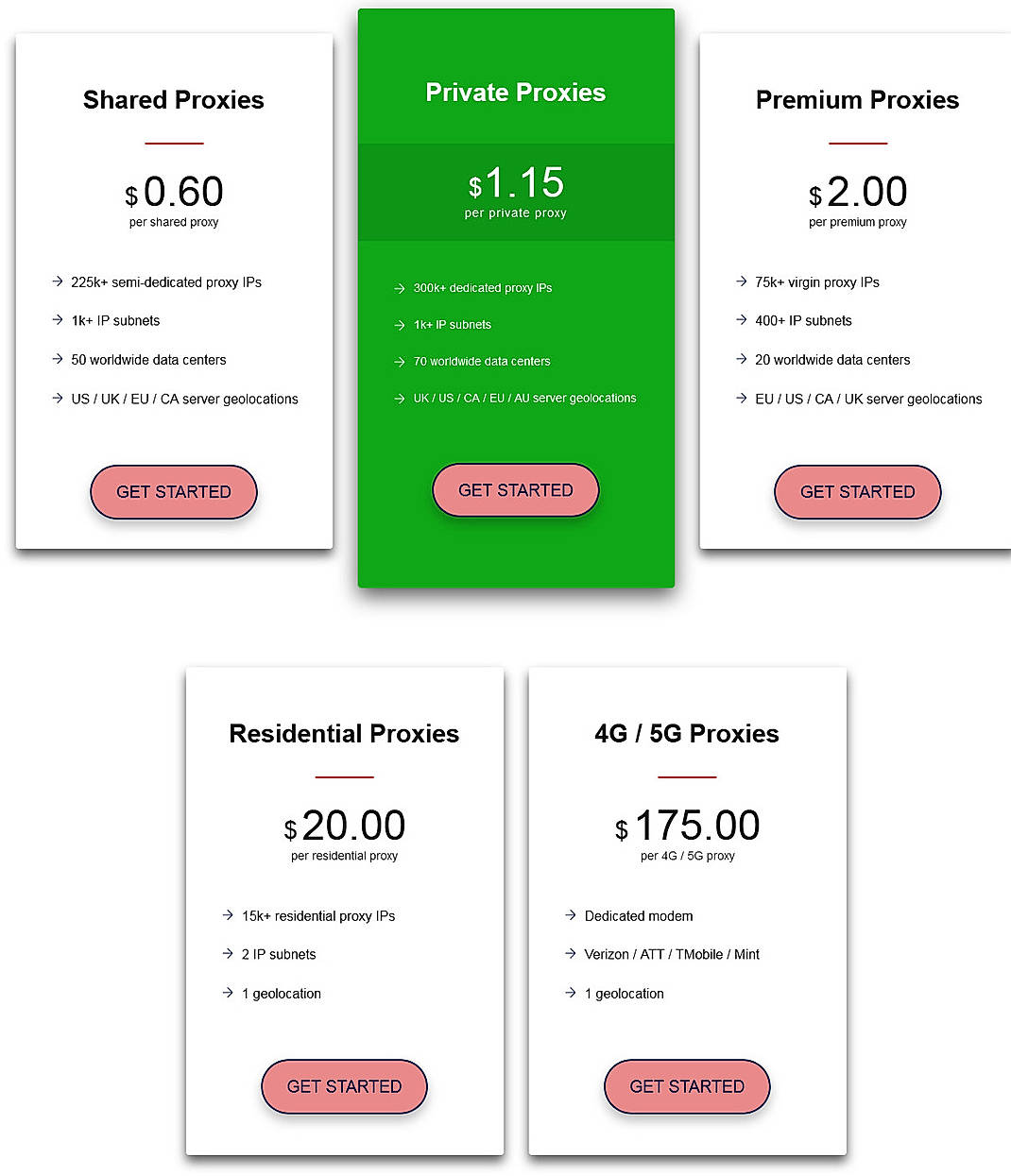 Pricing screenshot