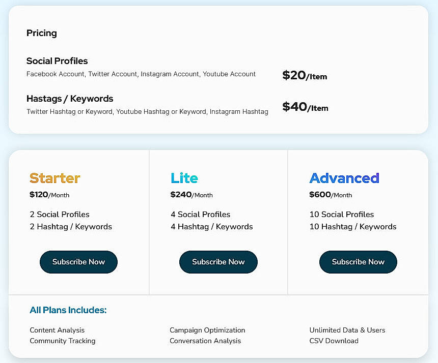 Pricing screenshot