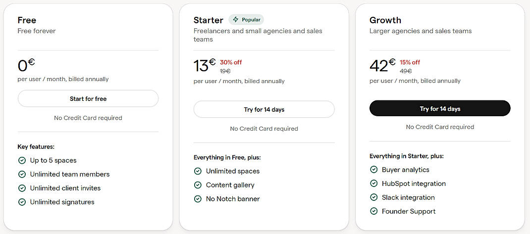 Pricing screenshot