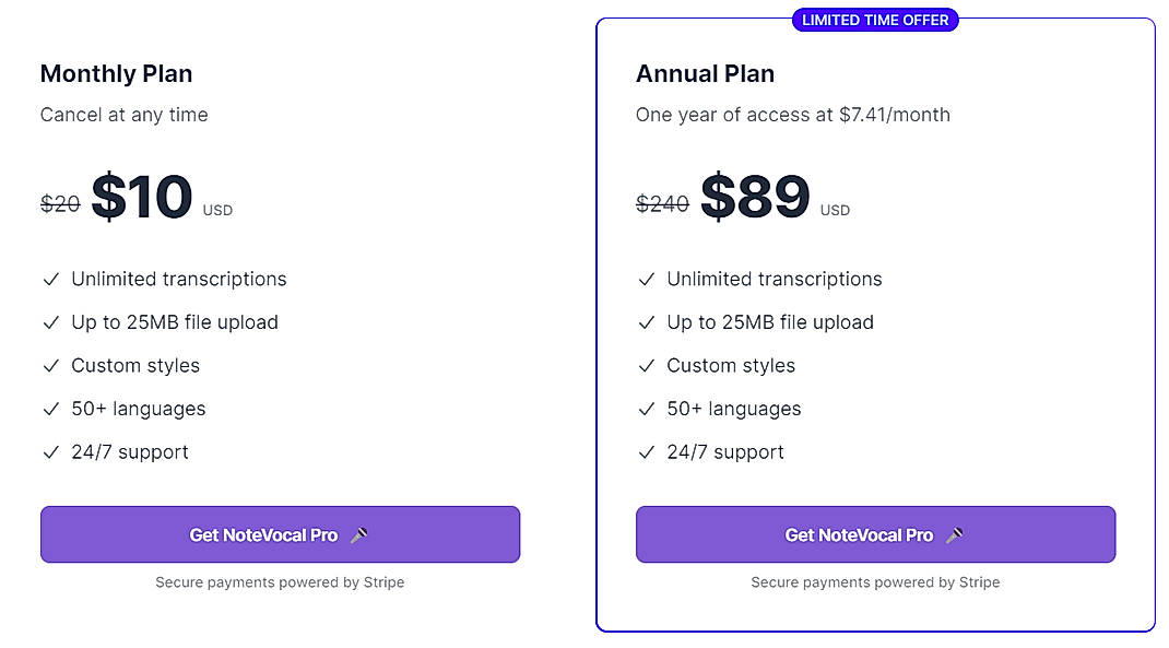 Pricing screenshot