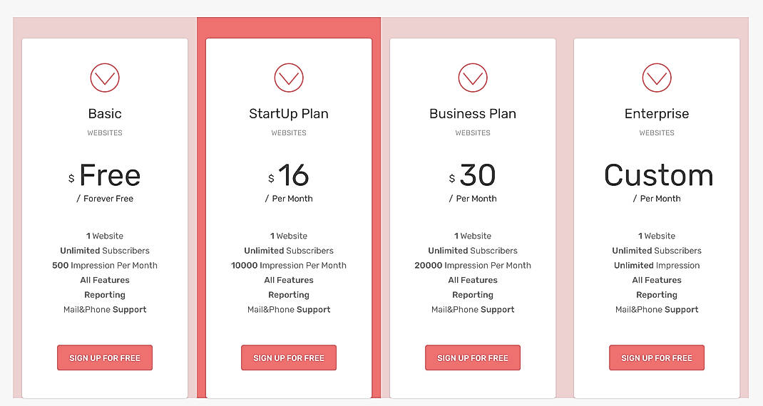 Pricing screenshot