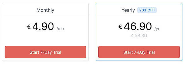 Pricing screenshot