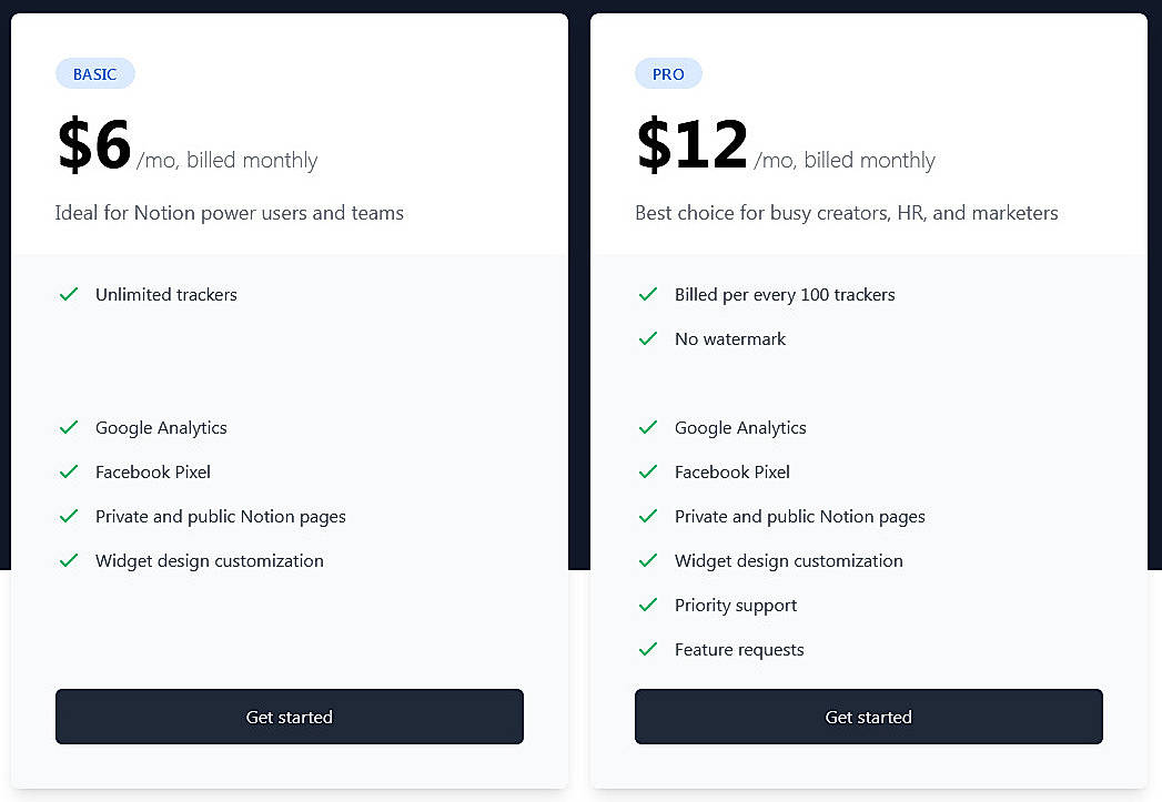Pricing screenshot