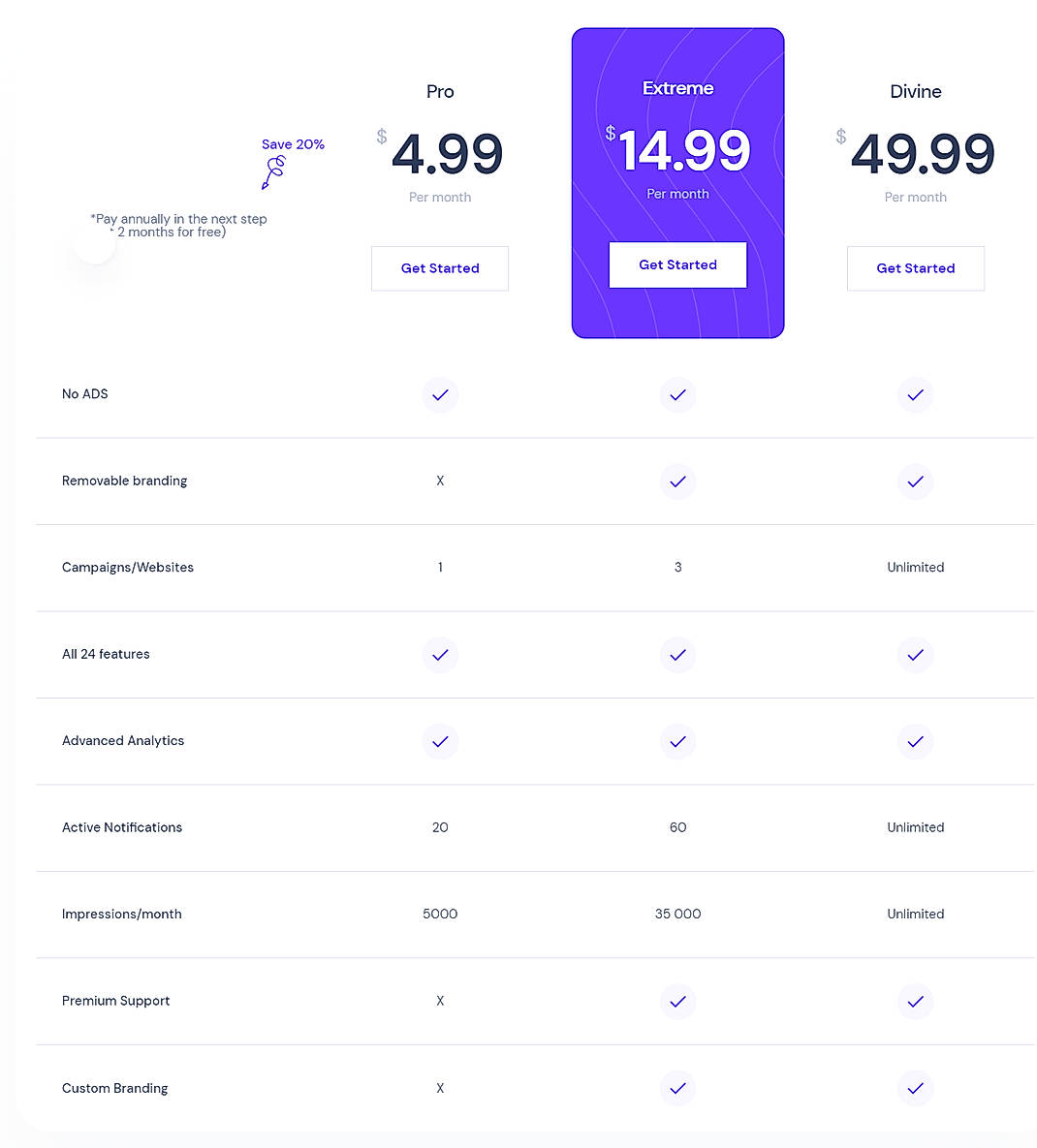 Pricing screenshot