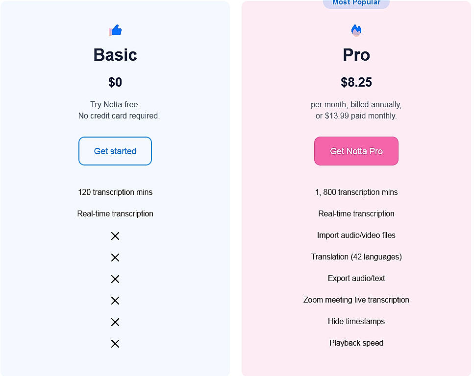 Pricing screenshot