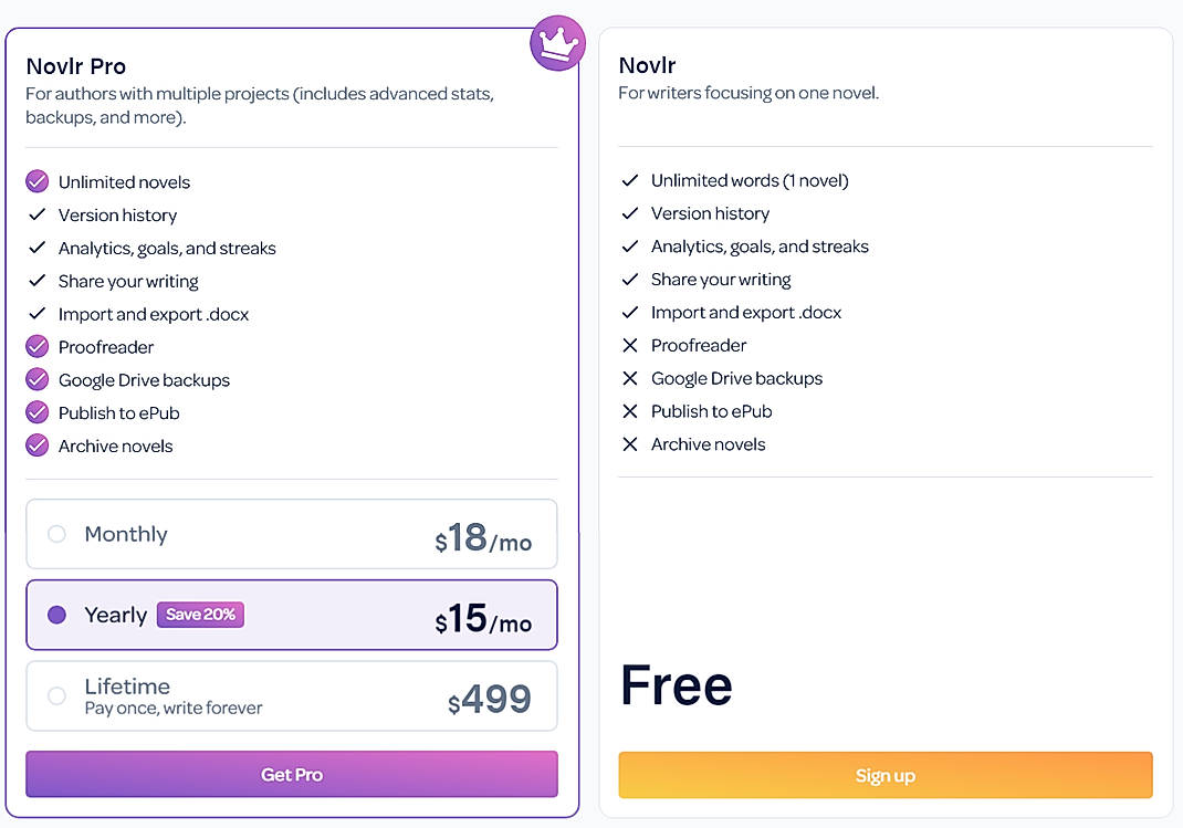 Pricing screenshot