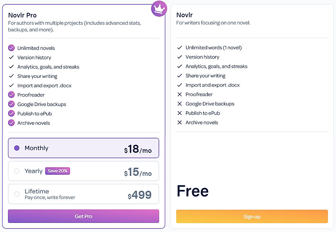 Pricing screenshot