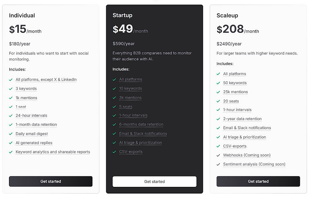 Pricing screenshot