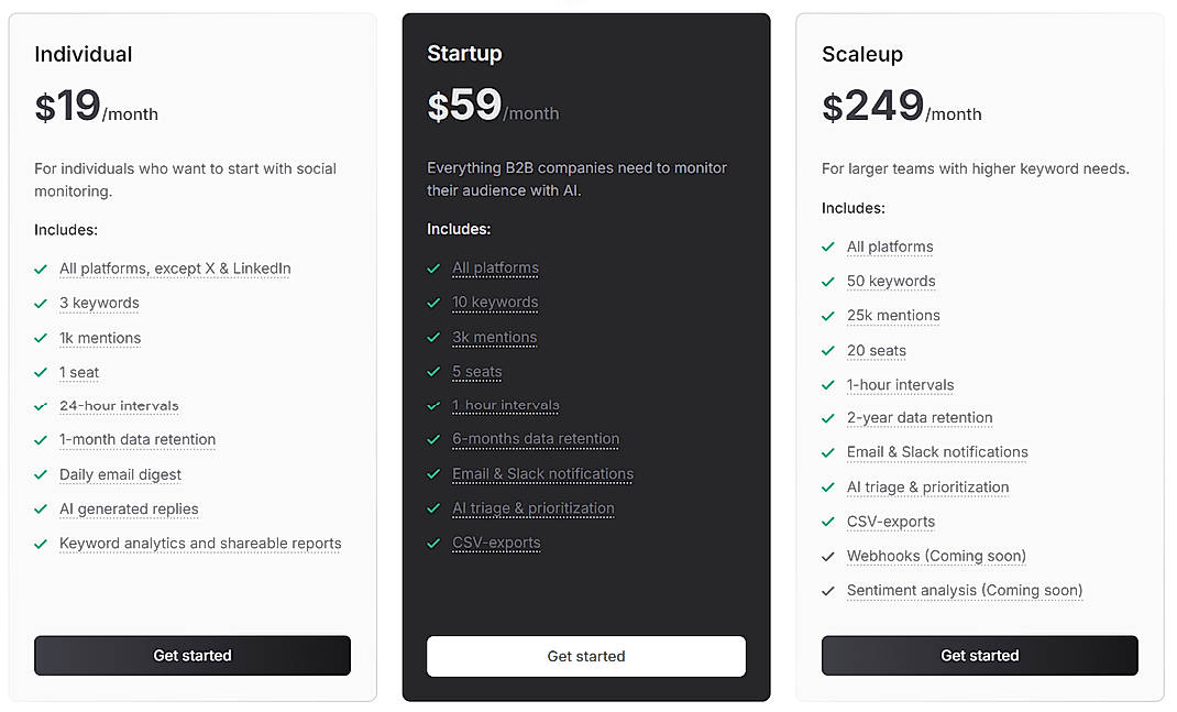 Pricing screenshot