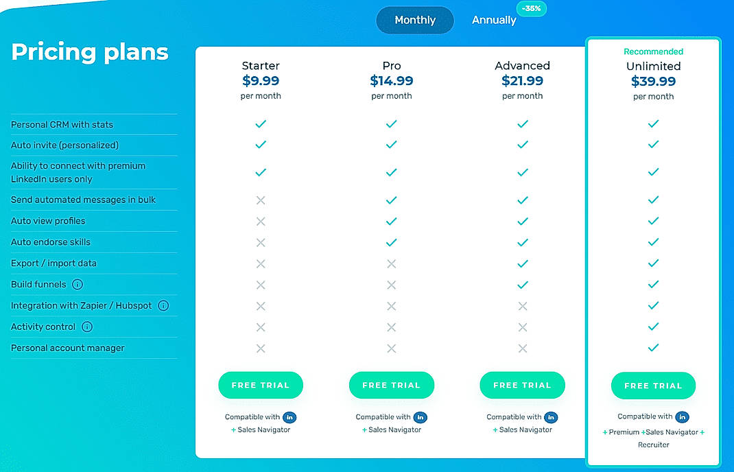 Pricing screenshot