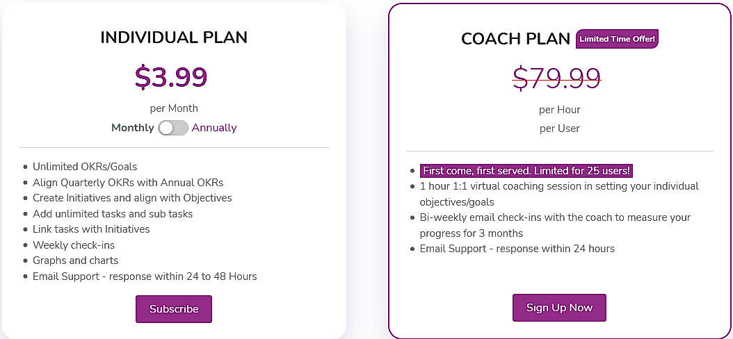 Pricing screenshot
