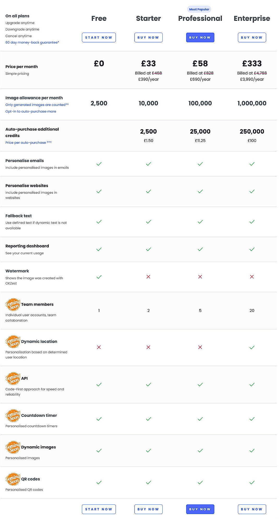 Pricing screenshot