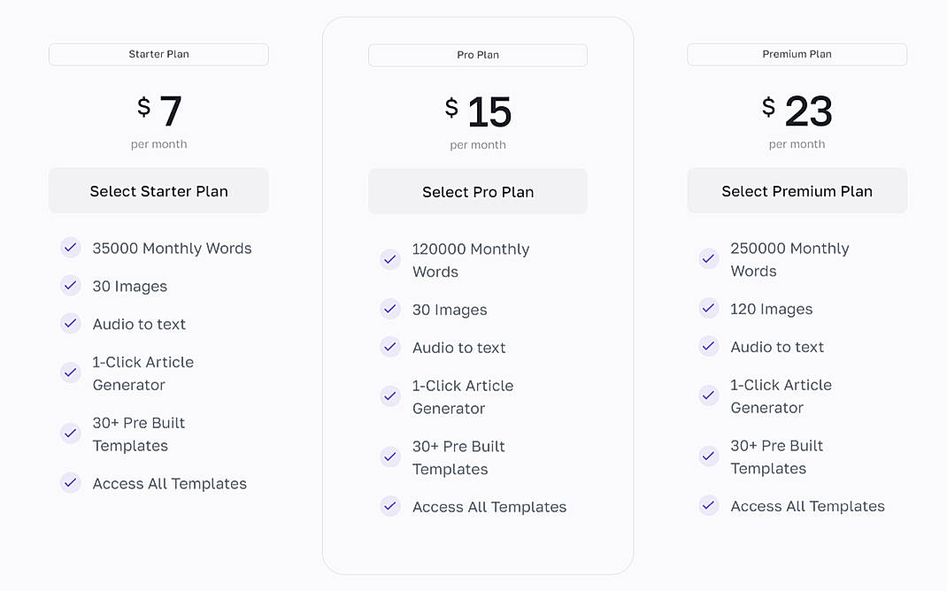 Pricing screenshot