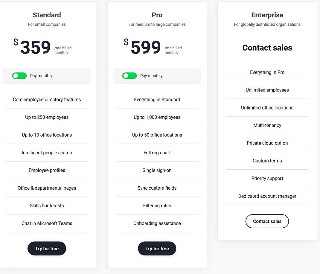 Pricing screenshot