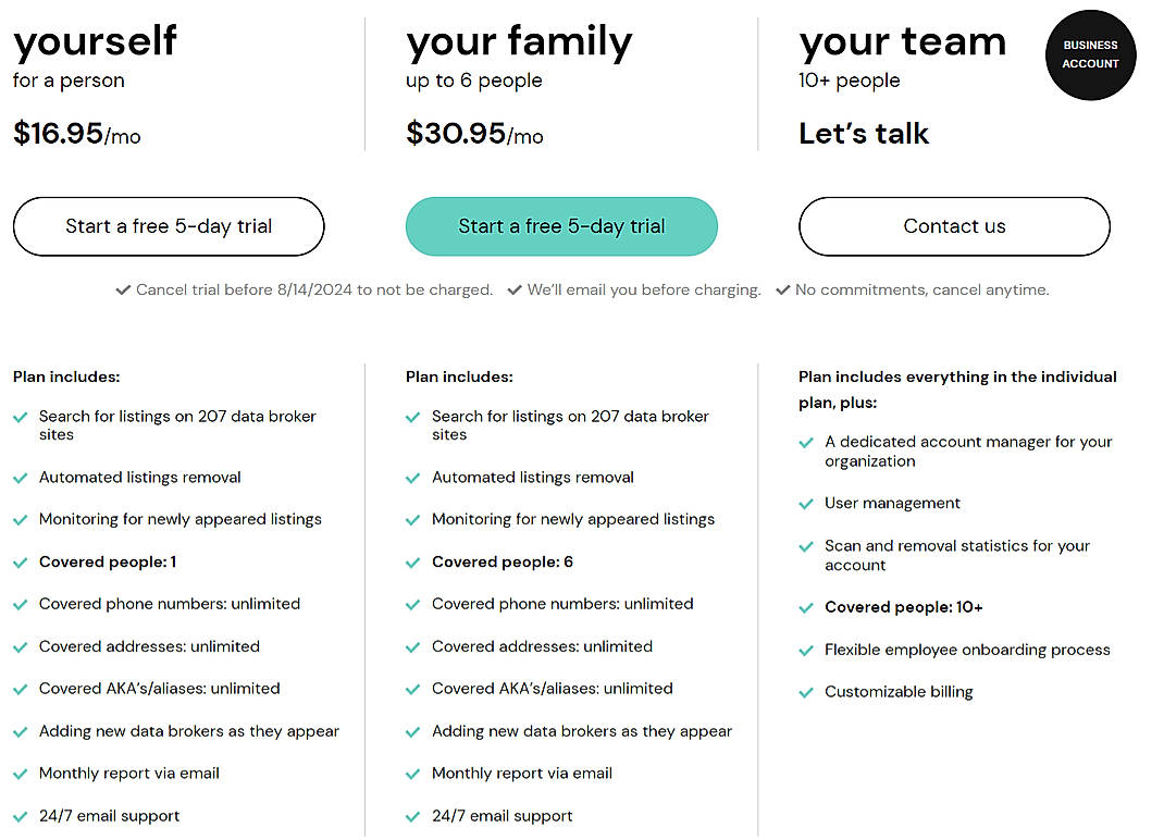 Pricing screenshot