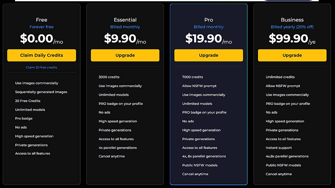 Pricing screenshot