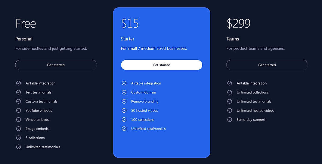 Pricing screenshot