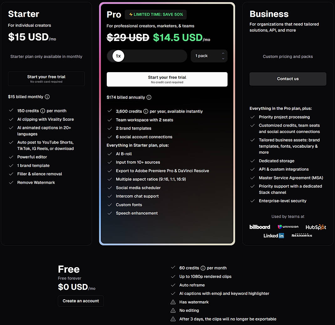Pricing screenshot