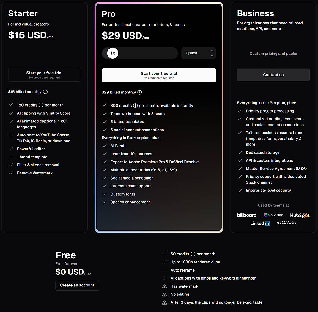 Pricing screenshot