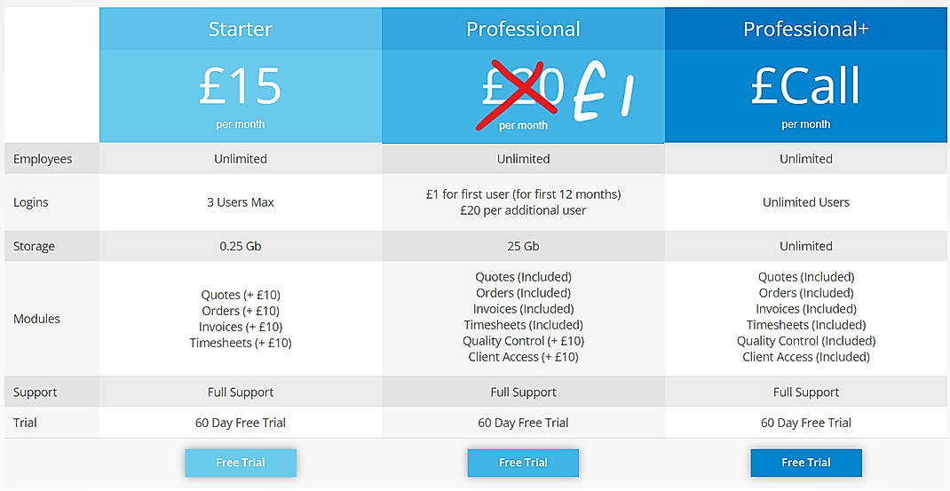 Pricing screenshot