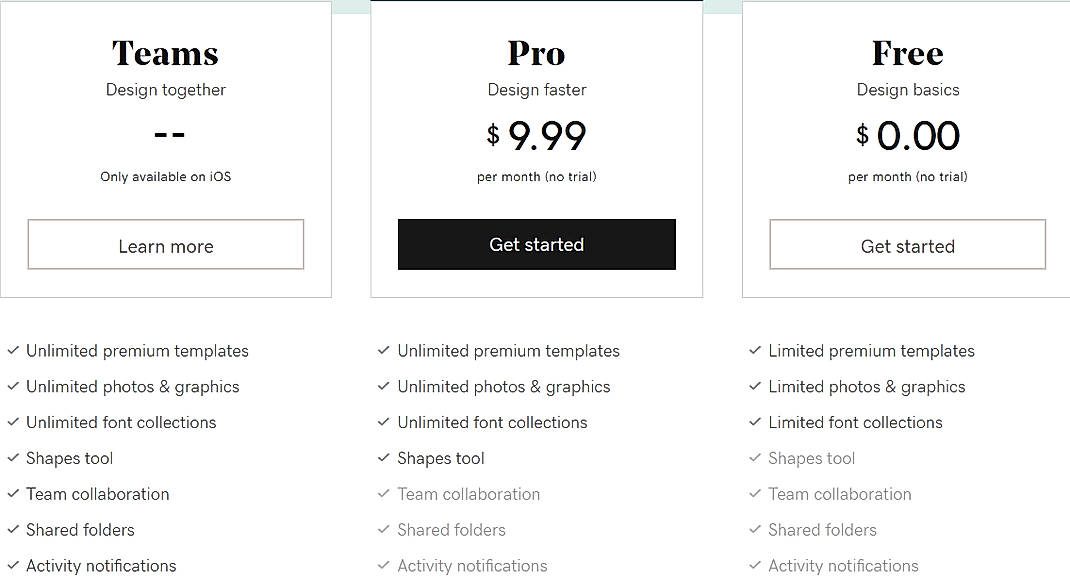 Pricing screenshot