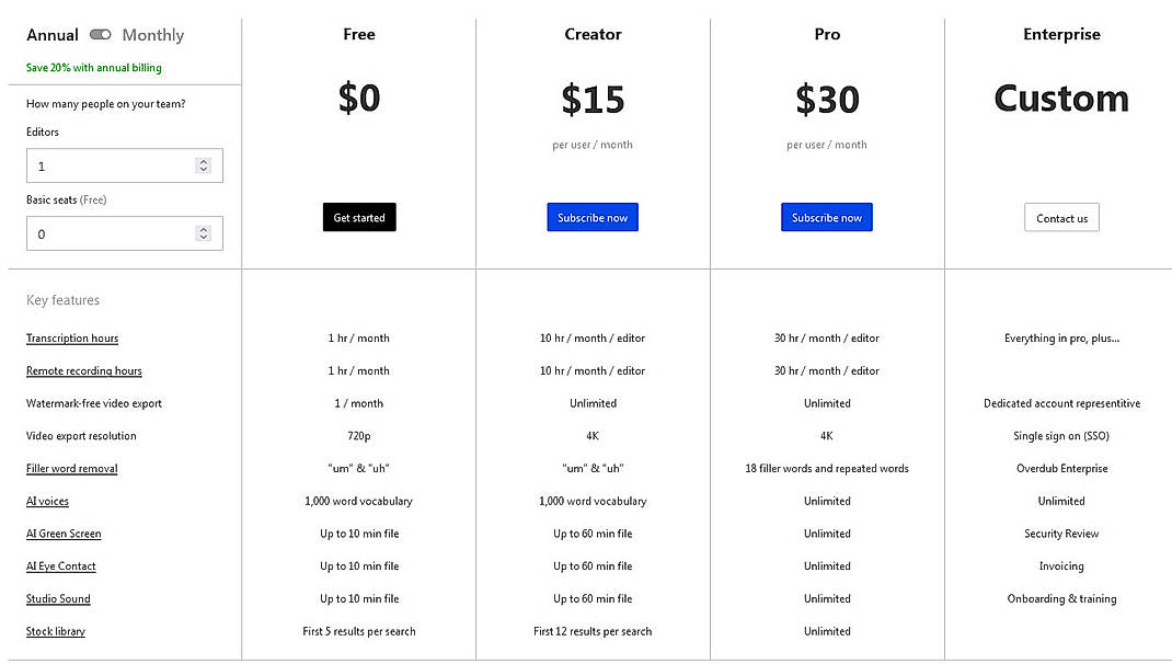 Pricing screenshot