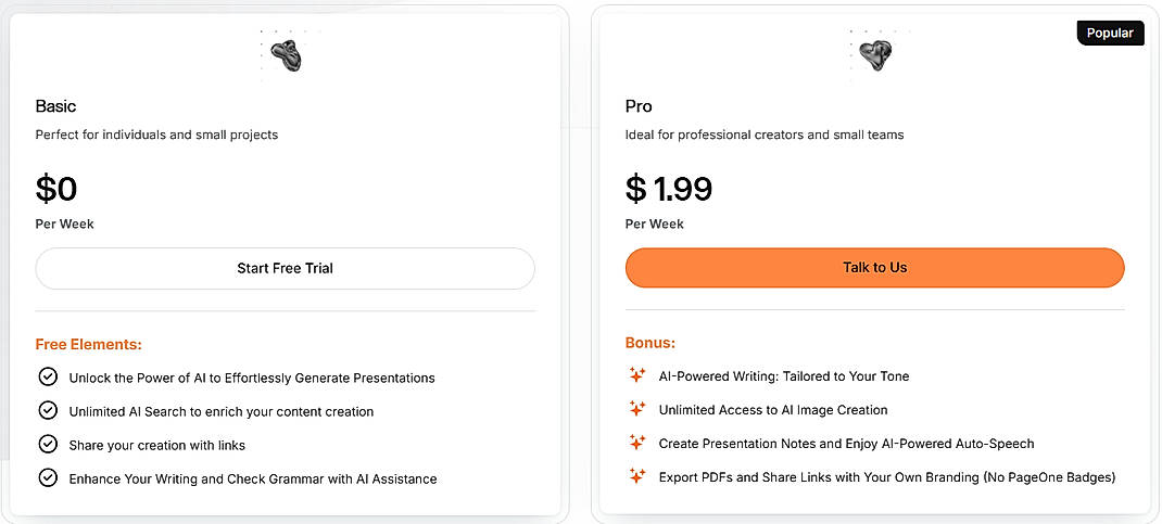 Pricing screenshot