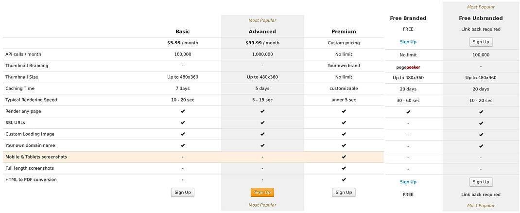 Pricing screenshot