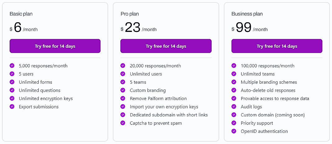 Pricing screenshot