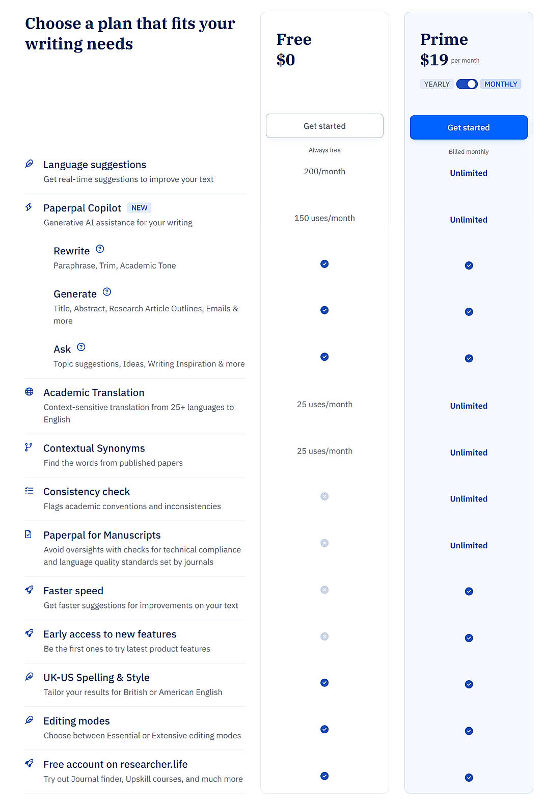 Pricing screenshot
