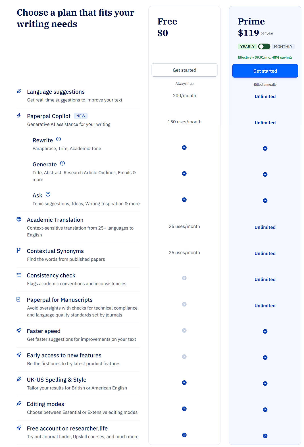 Pricing screenshot