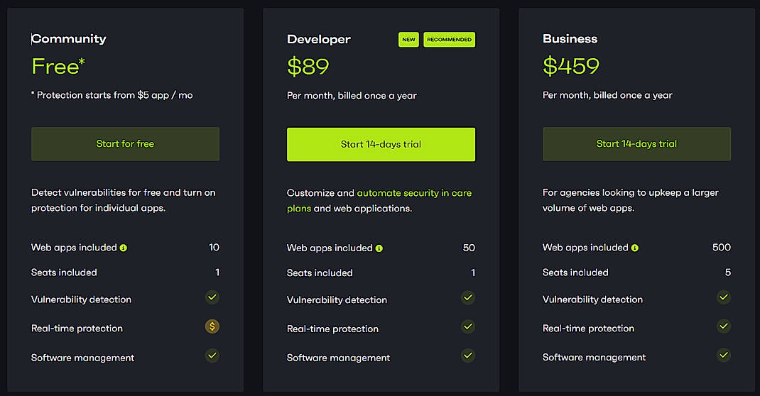 Pricing screenshot