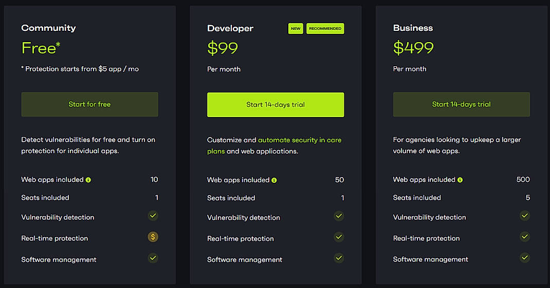 Pricing screenshot