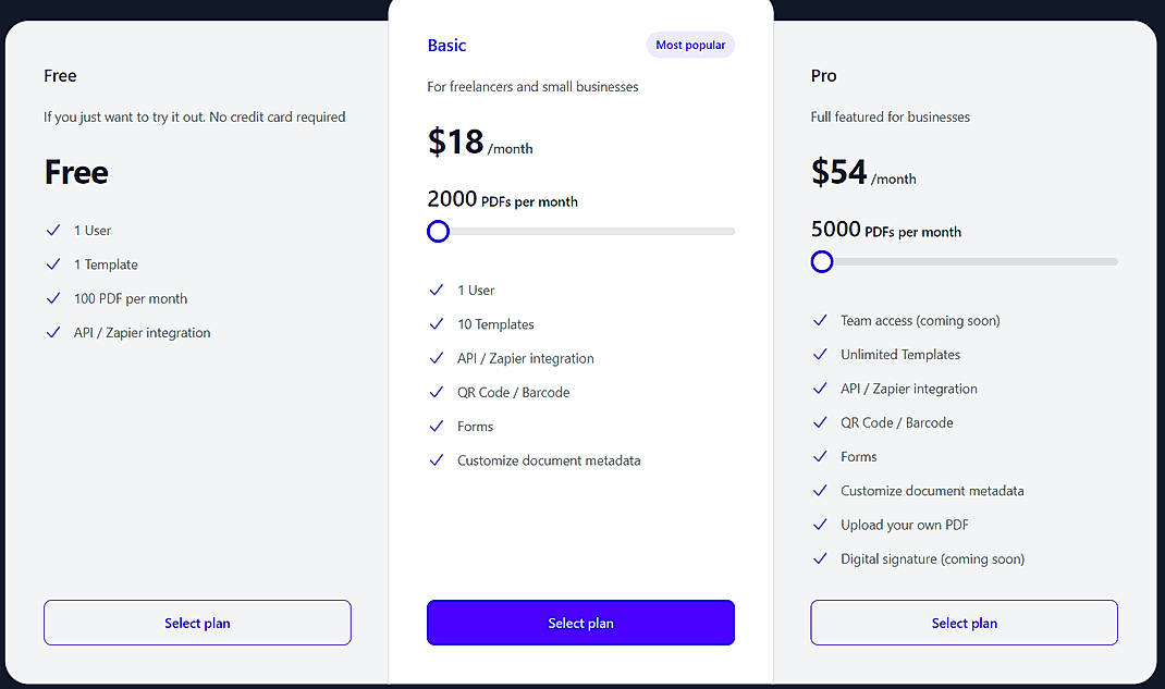 Pricing screenshot