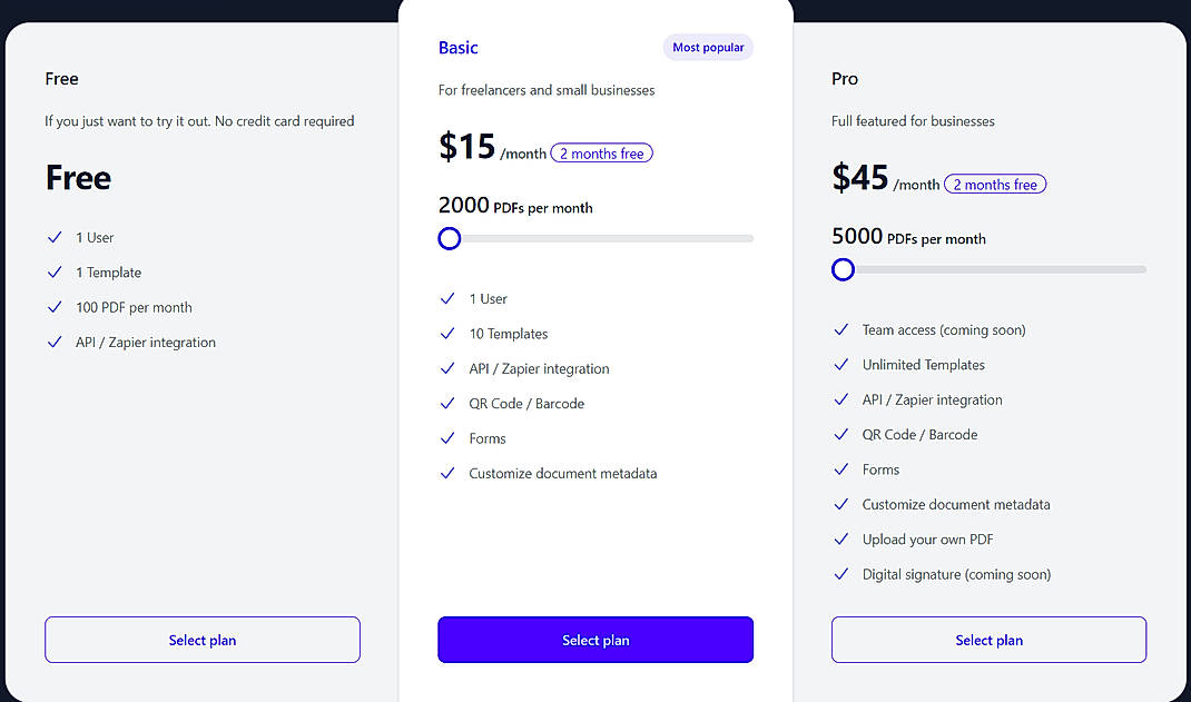 Pricing screenshot