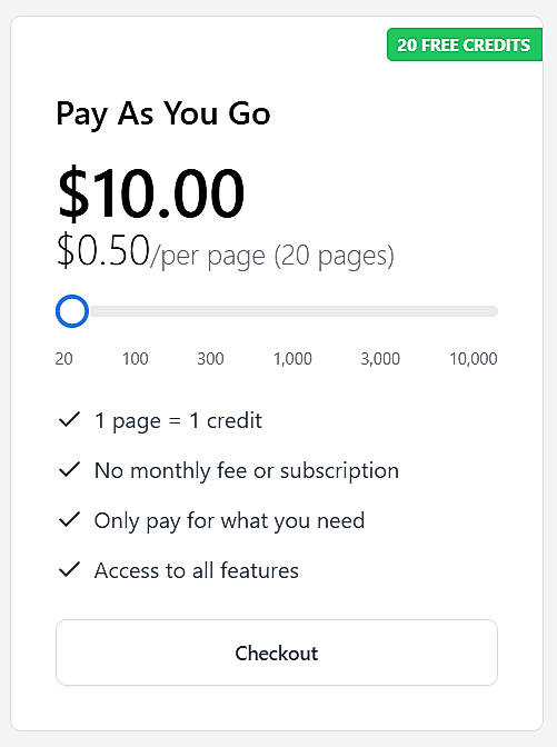 Pricing screenshot