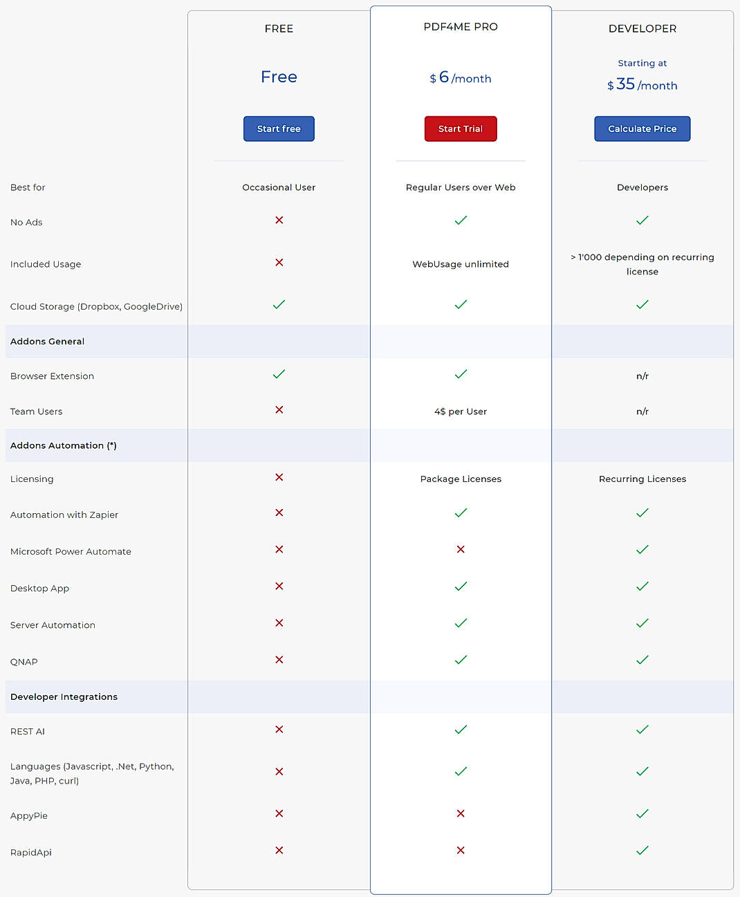 Pricing screenshot
